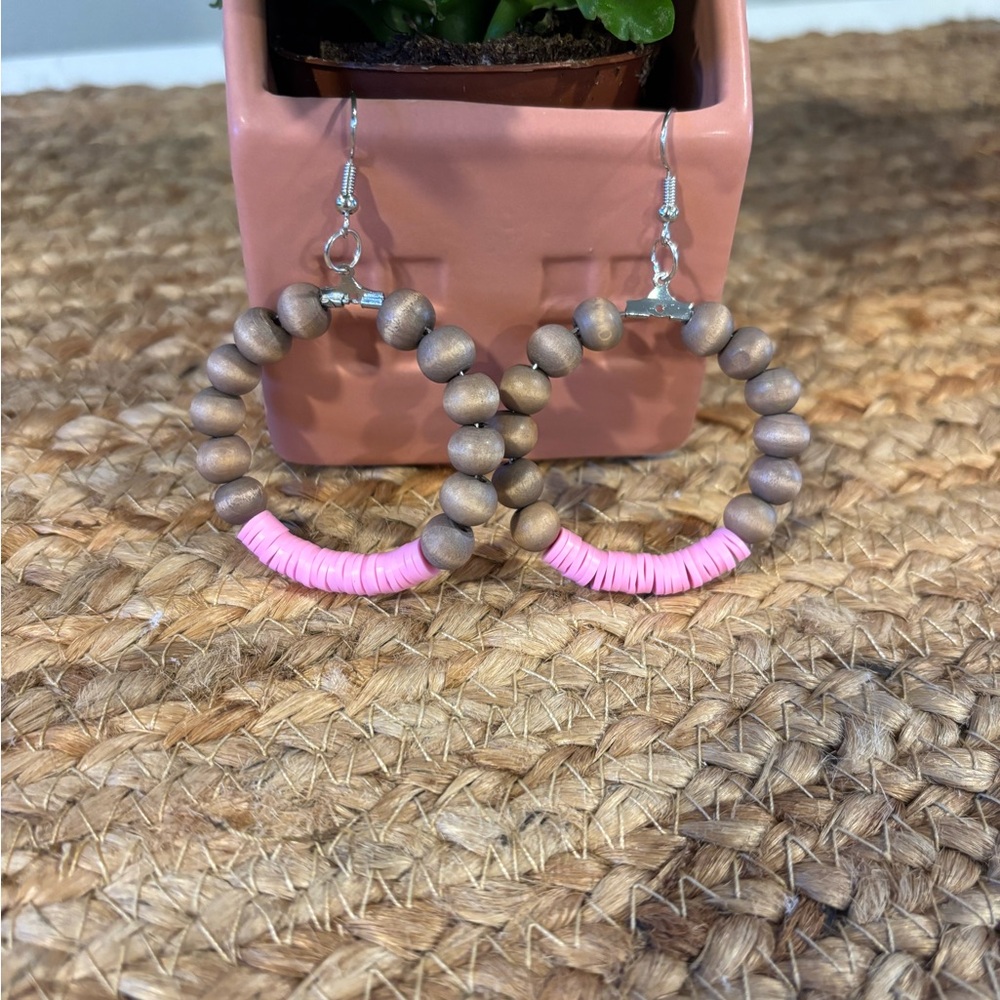 Pink and Brown Beaded Hoop Earrings